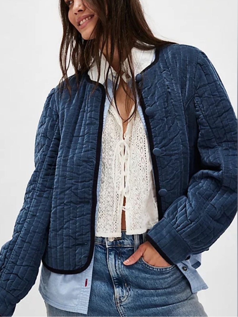 Free People Natalia Velvet Quilted Blue Retro Bomber Jacket Sz XLArge